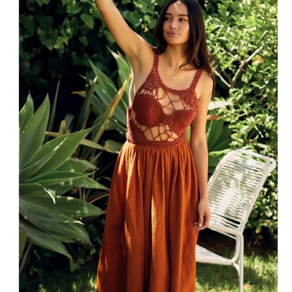 Anthropologie x Tach Clothing XS Soleil Crochet Cotton Midi Dress $278 Backless